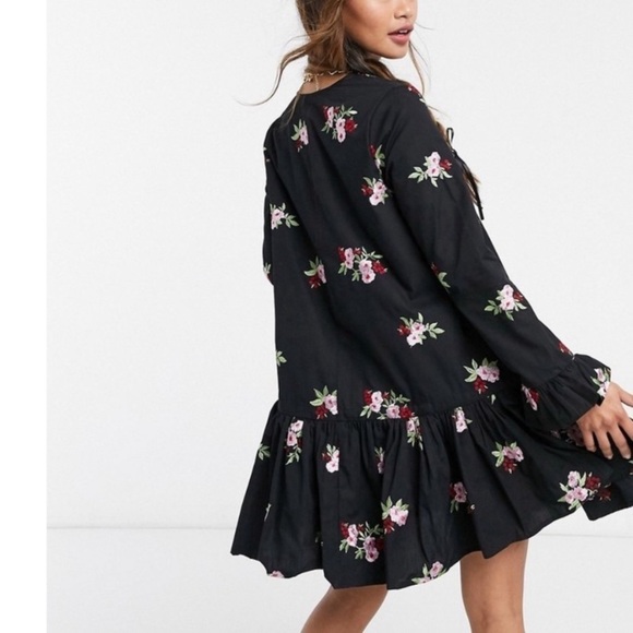 ASOS DESIGN Cotton Embroidered V-neck Smock Drop Waist Dress - Picture 2 of 14